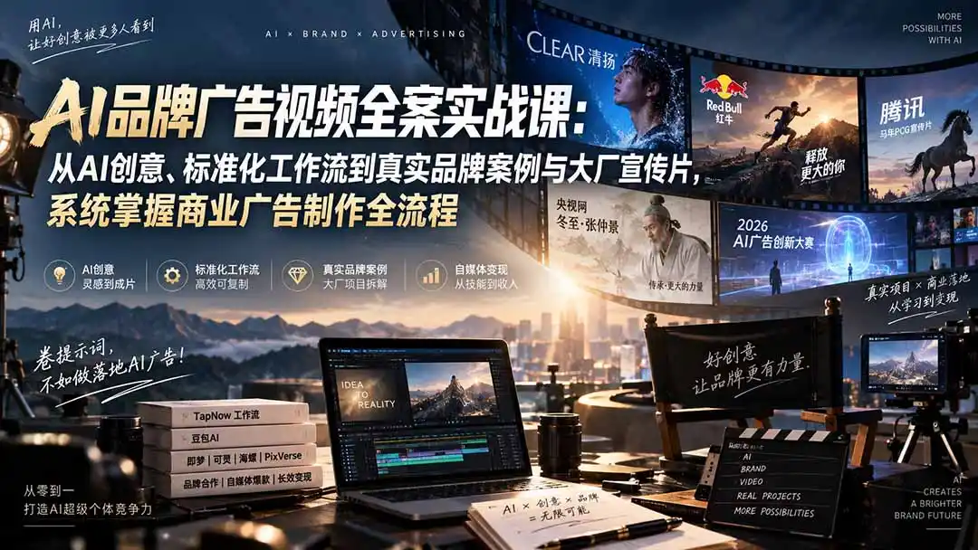 AI品牌广告视频全案实战课：从AI创意、标准化工作流到真实品牌案例与大厂宣传片，系统掌握商业广告制作全流程-北极星资源库