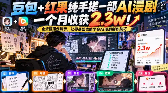 豆包+红果纯手搓一部AI漫剧一个月收获2.3w！全流程操作演示，让零基础也能学会AI漫剧制作技巧-北极星资源库