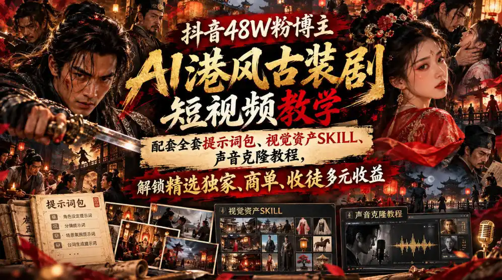 抖音48W粉博主AI港风古装剧短视频教学，配套全套提示词包、视觉资产SKILL、声音克隆教程，解锁精选独家、商单、收徒多元收益-北极星资源库