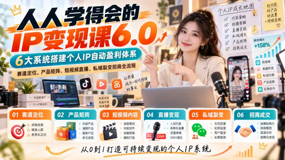 人人学得会的IP变现课6.0，6大系统搭建个人IP自动盈利体系，赛道定位、产品矩阵、短视频直播、私域裂变招商全流程-北极星资源库