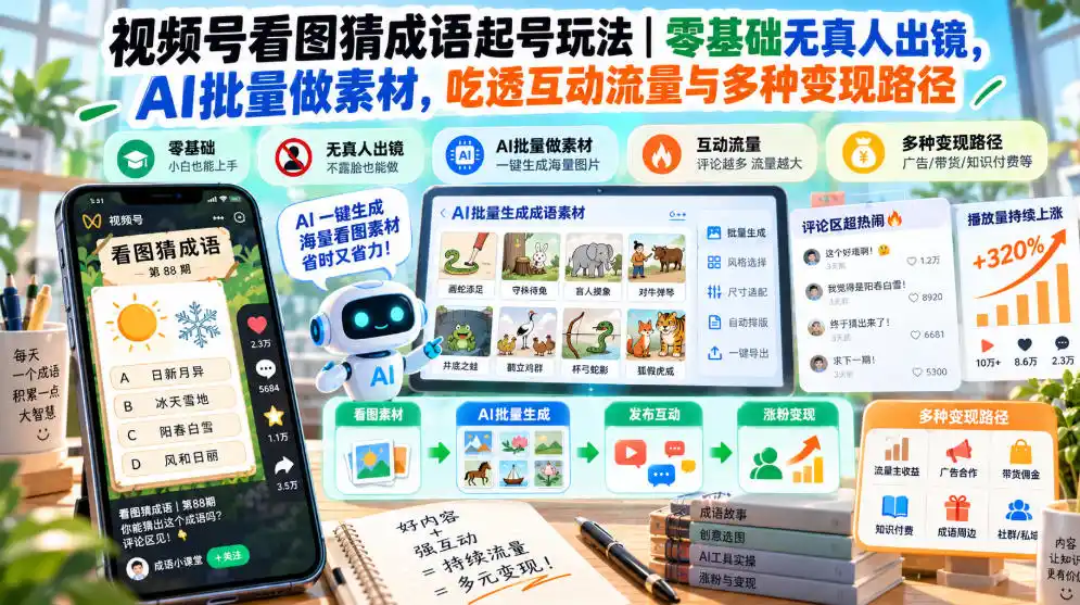 视频号看图猜成语起号玩法|零基础无真人出镜,AI批量做素材,吃透互动流量与多种变现路径-北极星资源库