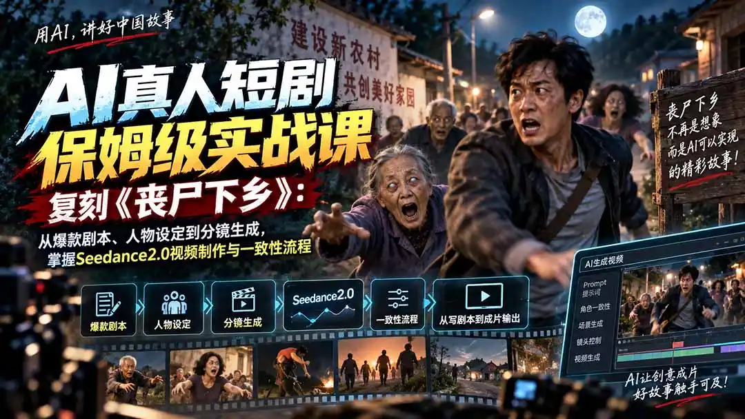 AI真人短剧保姆级实战课，复刻《丧尸下乡》：从爆款剧本、人物设定到分镜生成，掌握Seedance2.0视频制作与一致性流程-北极星资源库