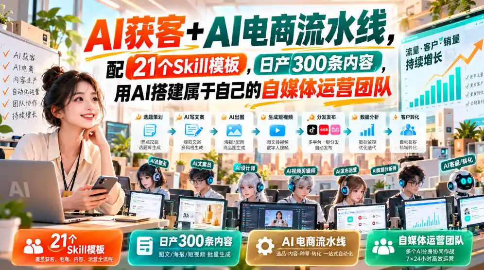 AI获客+AI电商流水线，配21个Skill模板，日产300条内容，用AI搭建属于自己的自媒体运营团队-北极星资源库