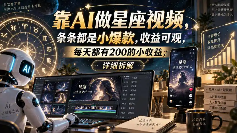 靠AI做星座视频，条条都是小爆款，收益可观，每天都有200的小收益，详细拆解-北极星资源库