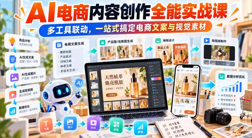 【无水印】AI电商内容创作全能实战课｜多工具联动，一站式搞定电商文案与视觉素材-北极星资源库