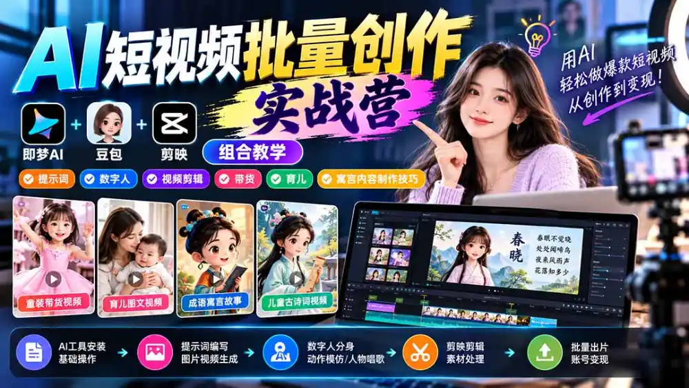 【无水印】AI短视频批量创作实战营：即梦+豆包+剪映组合教学，提示词/数字人/视频剪辑/带货/育儿/寓言内容制作技巧-北极星资源库