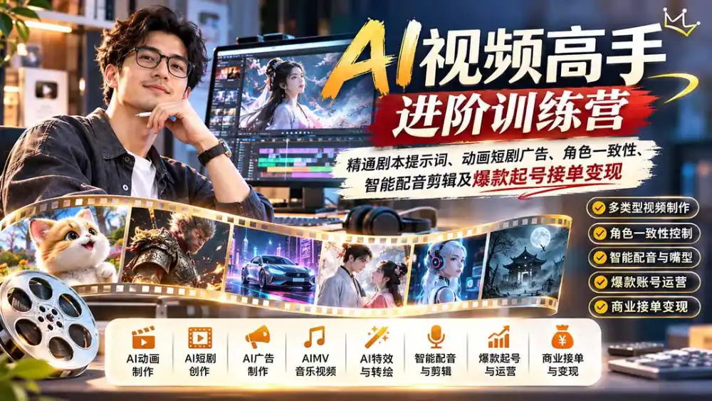 AI视频高手进阶训练营：精通剧本提示词、动画短剧广告、角色一致性、智能配音剪辑及爆款起号接单变现-北极星资源库