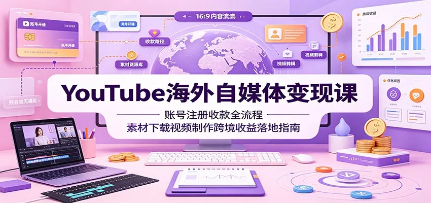 YouTube海外自媒体变现课：账号注册收款全流程，素材下载视频制作跨境收益落地指南-北极星资源库