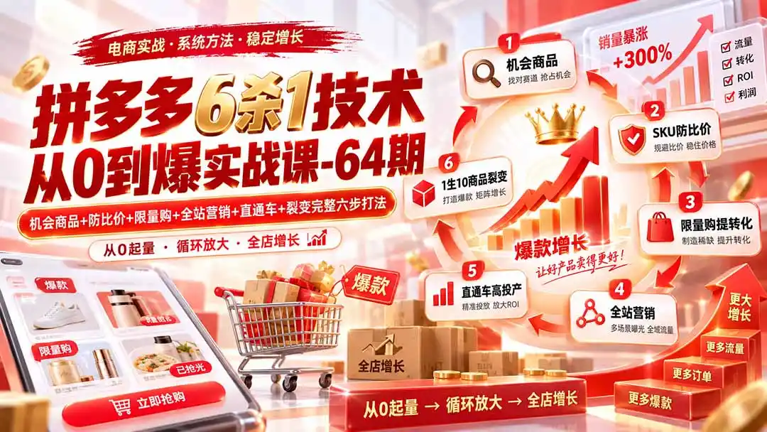 拼多多6杀1技术从0到爆实战课-64期：机会商品+防比价+限量购+全站营销+直通车+裂变完整六步打法-北极星资源库
