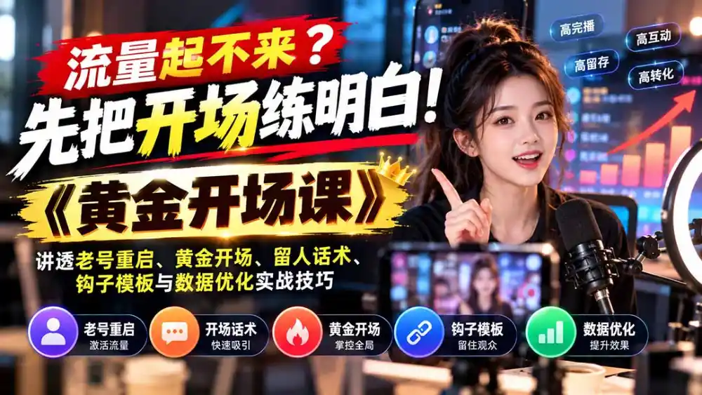 流量起不来？先把开场练明白！《黄金开场课》讲透老号重启、黄金开场、留人话术、钩子模板与数据优化实战技巧-北极星资源库