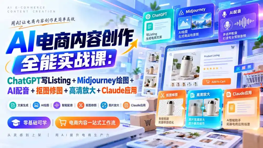 【无水印】AI电商内容创作全能实战课：ChatGPT写Listing+Midjourney绘图+AI配音+抠图修图+高清放大+Claude应用-北极星资源库