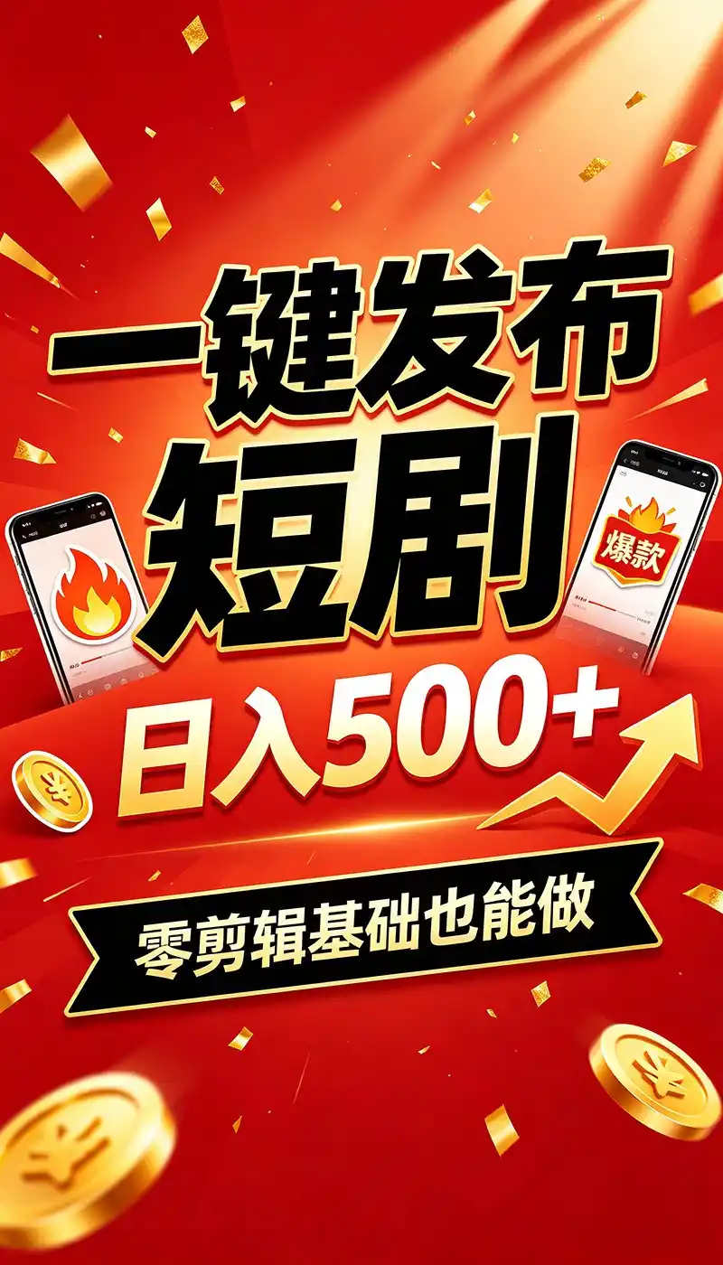快手短剧一键发布，不用剪辑操作简单，副业日入500+。空闲时间轻松赚收益-北极星资源库