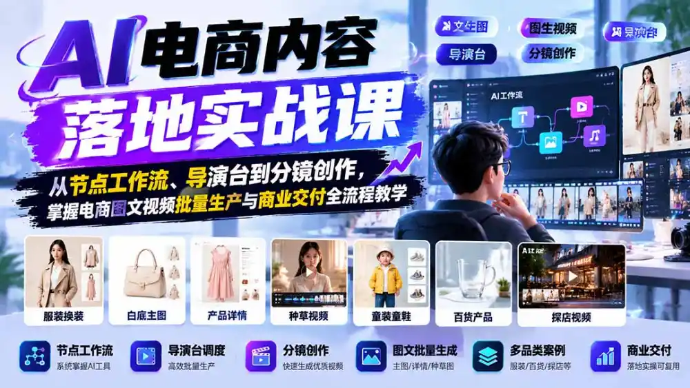 AI电商内容落地实战课：从节点工作流、导演台到分镜创作，掌握电商图文视频批量生产与商业交付全流程教学-北极星资源库