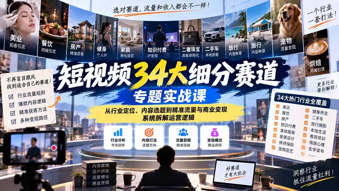 短视频34大细分赛道专题实战课：从行业定位、内容选题到精准流量与商业变现，系统拆解运营逻辑-北极星资源库