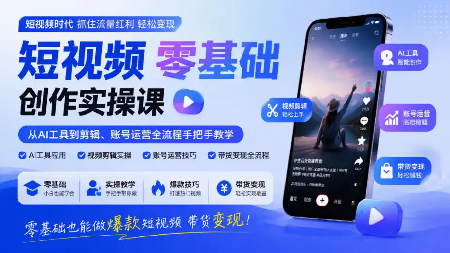 短视频零基础创作实操课，从AI工具到剪辑、账号运营全流程手把手教学，零基础也能做爆款短视频带货变现-北极星资源库
