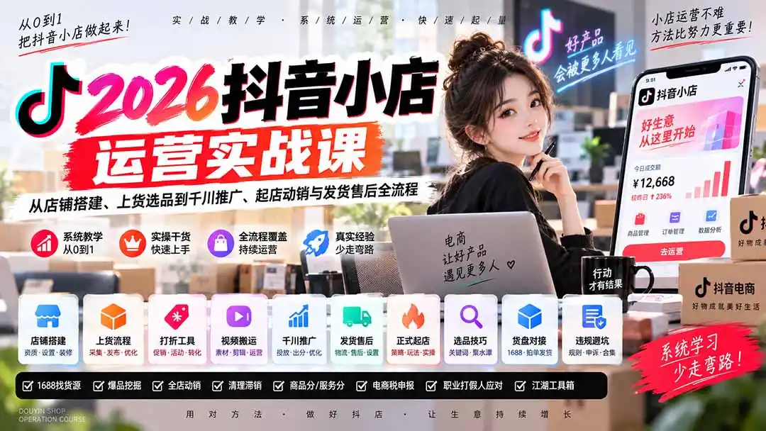 2026抖音小店运营实战课｜从店铺搭建、上货选品到千川推广、起店动销与发货售后全流程-北极星资源库