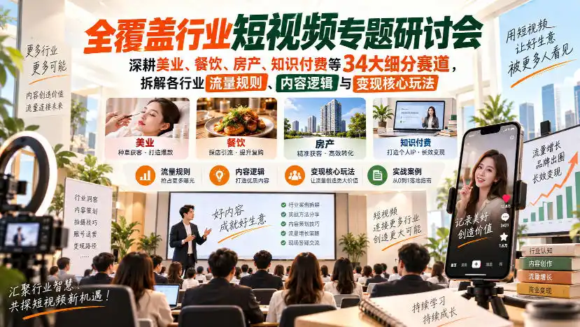 短视频专题研讨会，深耕美业、餐饮、房产、知识付费等34大细分赛道，拆解各行业流量规则、内容逻辑与变现核心玩法-北极星资源库