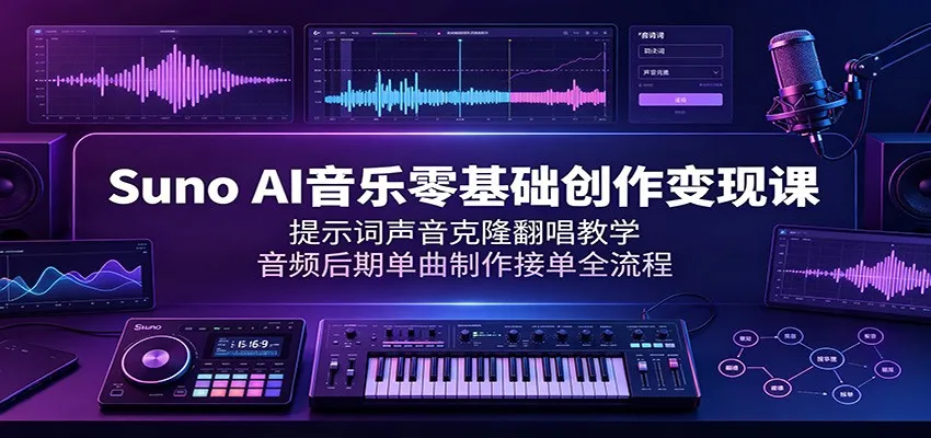 Suno AI音乐零基础创作变现课：提示词声音克隆翻唱教学，音频后期单曲制作接单全流程-北极星资源库