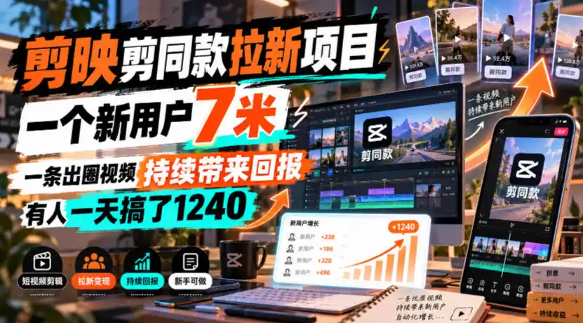 剪映剪同款拉新项目，一个新用户7米，一条出圈视频持续带来回报，有人一天搞了1240-北极星资源库