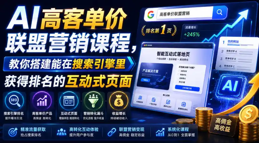 AI高客单价联盟营销课程，教你搭建能在搜索引擎里获得排名的互动式页面，引来流量，把访客转化为高佣金的成交【原创双语字幕】-北极星资源库
