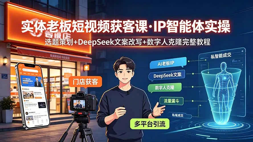 实体老板短视频获客课·IP智能体实操｜选题策划+DeepSeek文案改写+数字人克隆完整教程-北极星资源库