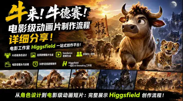 牛来！牛德赛！电影级动画片制作流程详细分享！电影工作室Higgsfield一站式创作平台，完整创作流程-北极星资源库