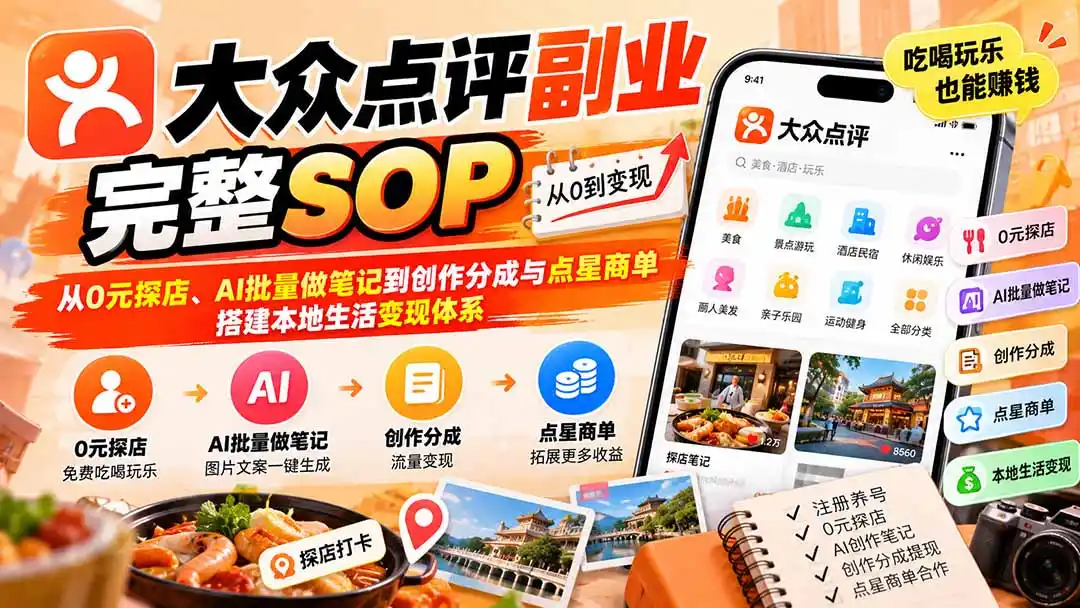 【无水印】大众点评副业完整SOP：从0元探店、AI批量做笔记到创作分成与点星商单，搭建本地生活变现体系-北极星资源库
