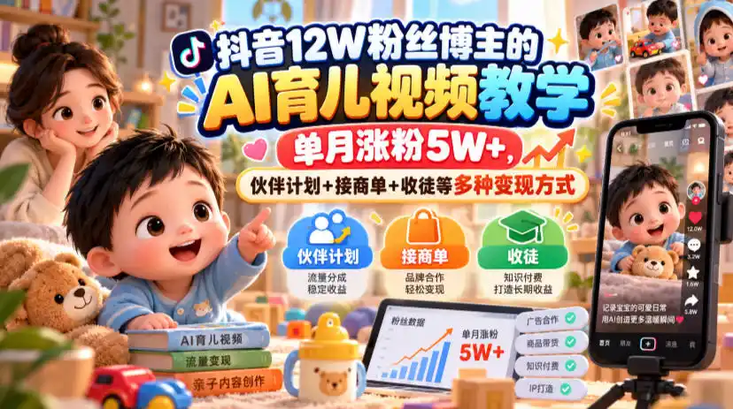 抖音12W粉丝博主的AI育儿视频教学,单月涨粉5W+,伙伴计划+接商单+收徒等多种变现方式-北极星资源库
