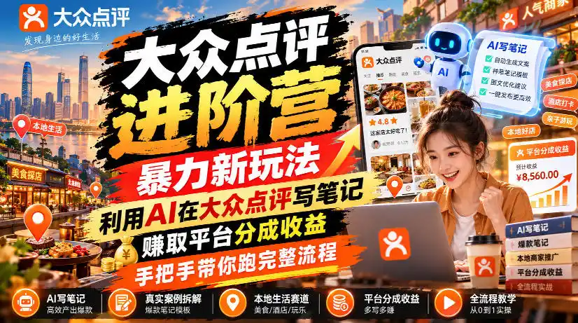 大众点评进阶营，暴力新玩法，利用AI在大众点评写笔记， 賺取平台分成收益，手把手带你跑完整流程-北极星资源库