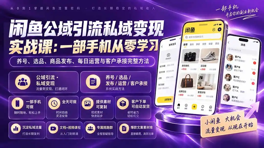 闲鱼公域引流私域变现实战课：一部手机从零学习养号、选品、商品发布、每日运营与客户承接完整方法-北极星资源库
