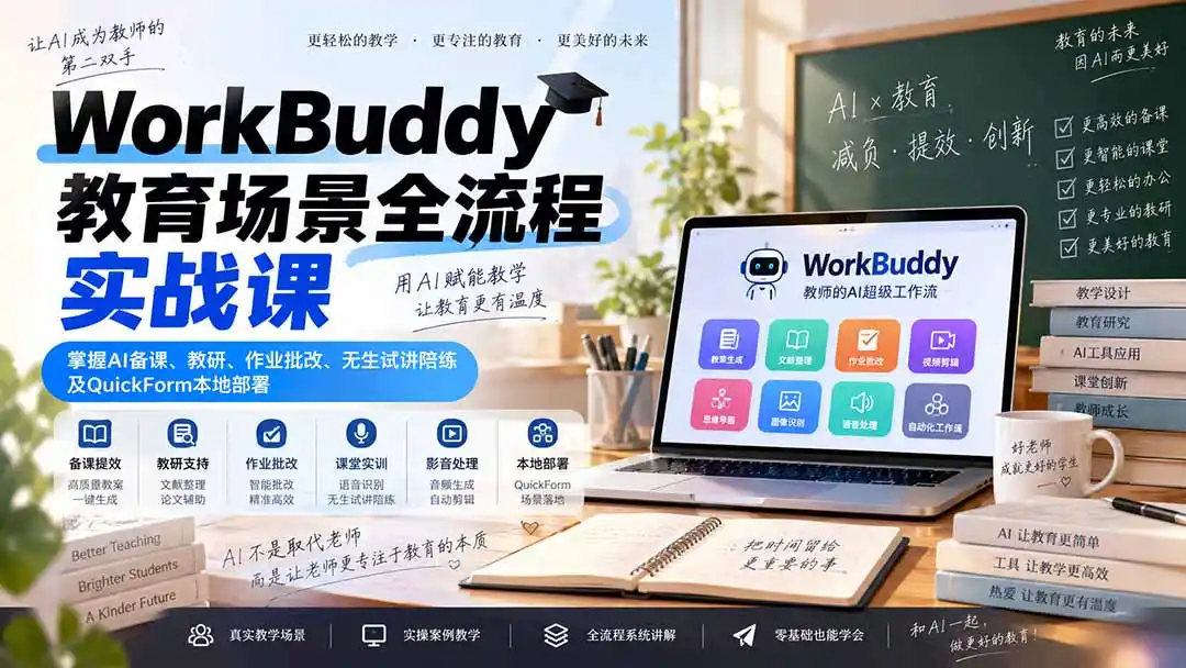 WorkBuddy教育场景全流程实战课：掌握AI备课、教研、作业批改、无生试讲陪练及QuickForm本地部署-北极星资源库