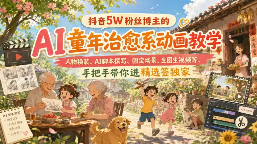 抖音5W粉丝博主的AI童年治愈系动画教学，人物换装、AI脚本撰写、固定场景、生图生视频等，手把手带你进精选签独家-北极星资源库