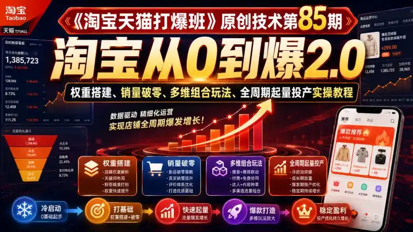《淘宝天猫打爆班》原创技术第85期，淘宝从0到爆2.0，权重搭建、销量破零、多维组合玩法、全周期起量投产实操教程-北极星资源库