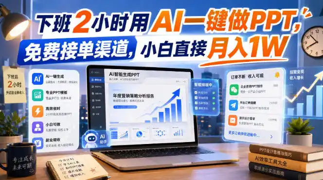 下班2小时用AI一键做PPT，免费接单渠道，小白直接月入1W【揭秘】-北极星资源库