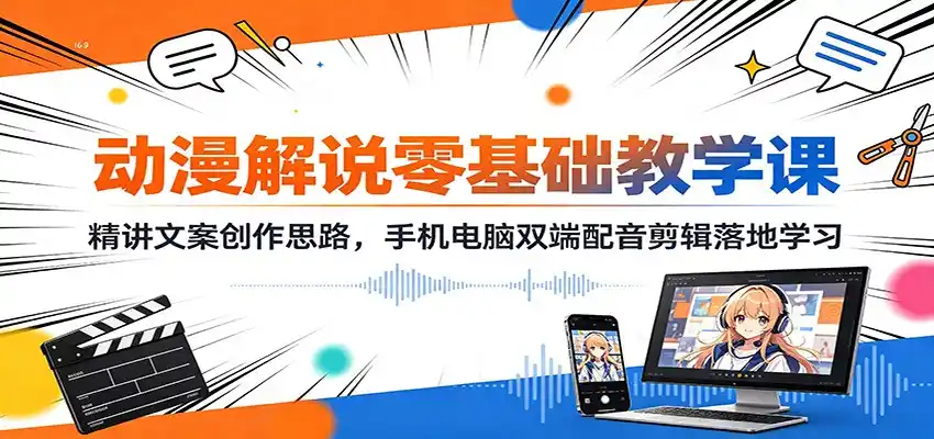 动漫解说零基础教学课：精讲文案创作思路，手机电脑双端配音剪辑落地学习-北极星资源库