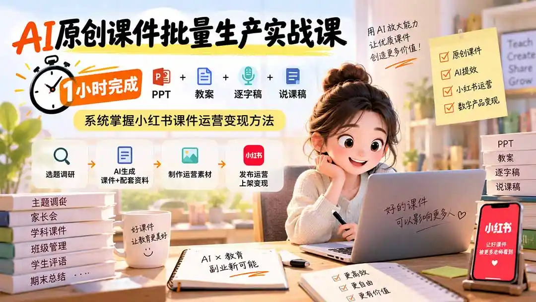 AI原创课件批量生产实战课：1小时完成PPT+教案+逐字稿+说课稿，系统掌握小红书课件运营变现方法-北极星资源库