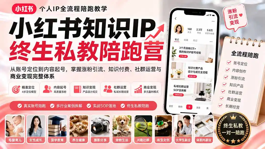 小红书知识IP终生私教陪跑营：从账号定位到内容起号，掌握涨粉引流、知识付费、社群运营与商业变现完整体系-北极星资源库