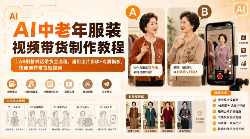 AI中老年服装视频带货制作教程｜AB剧情对话带货全流程，通用出片步骤+专属模板，快速制作带货短视频-北极星资源库