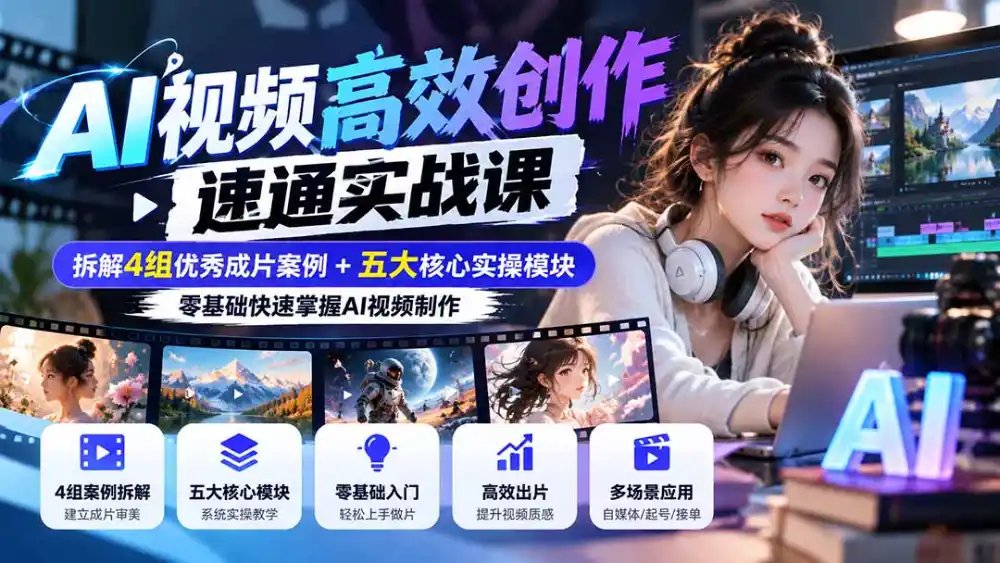 【无水印】AI视频高效创作速通实战课：拆解4组优秀成片案例+五大核心实操模块，零基础快速掌握AI视频制作-北极星资源库