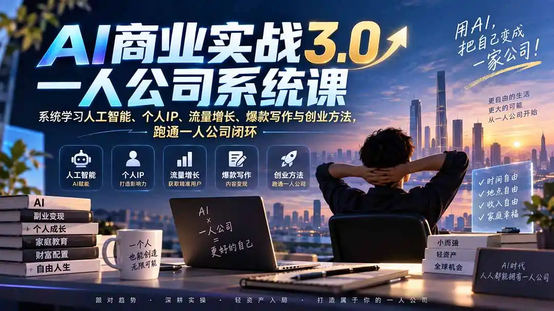 AI商业实战3.0一人公司系统课:系统学习人工智能、个人IP、流量增长、爆款写作与创业方法,跑通一人公司闭环-北极星资源库