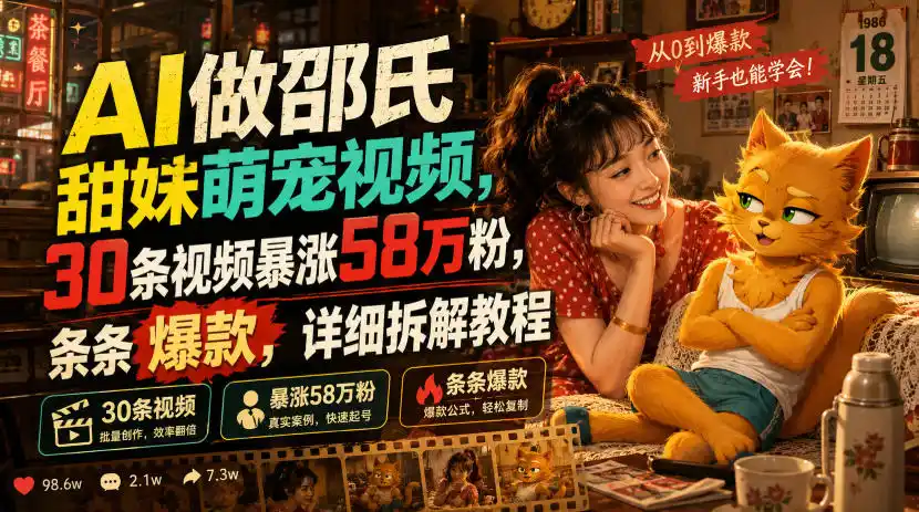 AI做邵氏甜妹萌宠视频，30条视频暴涨58万粉，条条爆款，详细拆解教程-北极星资源库