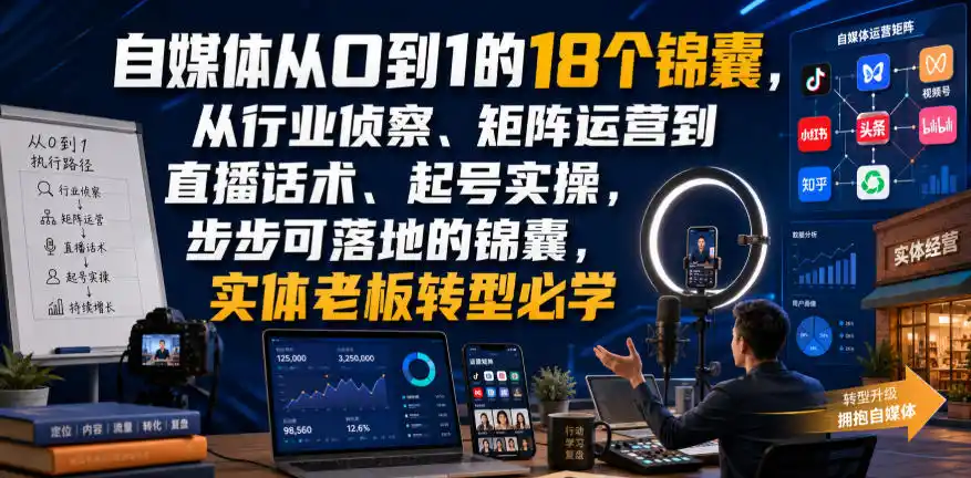 自媒体从0到1的18个锦囊，从行业侦察、矩阵运营到直播话术、起号实操，步步可落地的锦囊，实体老板转型必学-北极星资源库