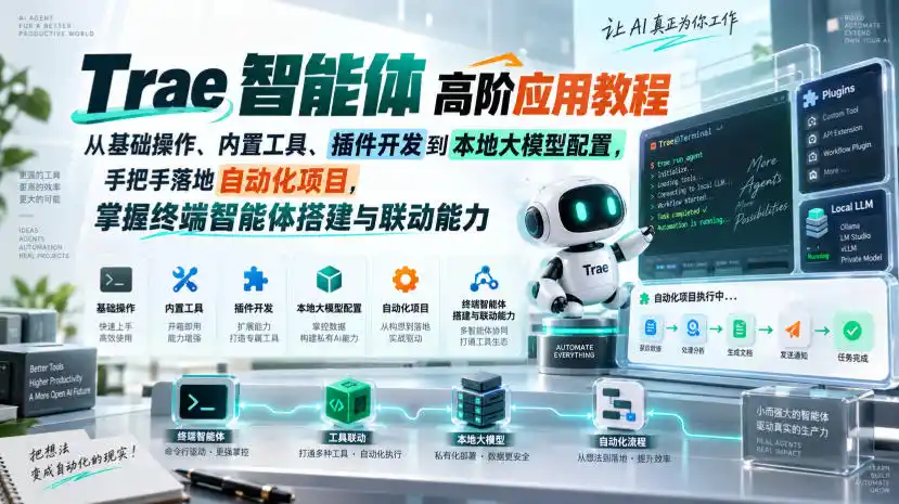 Trae智能体高阶应用教程，从基础操作、内置工具、插件开发到本地大模型配置，手把手落地自动化项目-北极星资源库