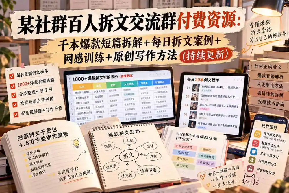 某社群百人拆文交流群付费资源-更新0929：千本爆款短篇拆解+每日拆文案例+网感训练+原创写作方法-北极星资源库