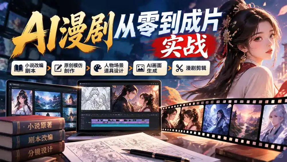 AI漫剧从零到成片实战：小说改编剧本、原创模仿创作、人物场景道具设计、AI画面生成与漫剧剪辑-北极星资源库