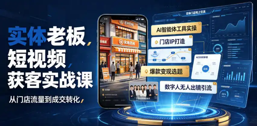 实体老板短视频获客实战课｜AI智能体工具全套实操、门店IP打造、爆款变现选题、数字人无人出镜引流完整教程-北极星资源库