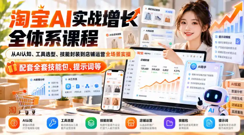 淘宝AI实战增长全体系课程，从AI认知、工具选型、技能封装到店铺运营全场景实操，配套全套技能包、提示词等-北极星资源库