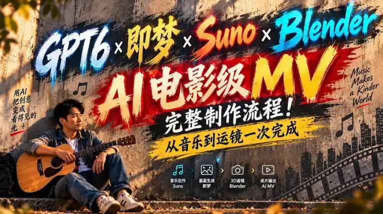 GPT6×即梦×Suno×Blender｜AI电影级MV完整制作流程！从音乐到运镜一次完成！-北极星资源库