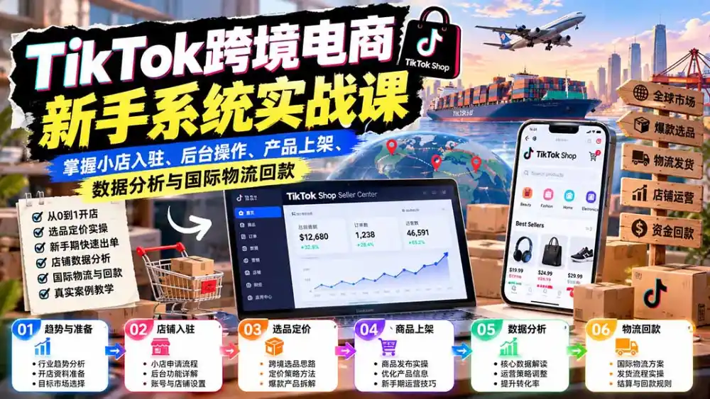 TikTok跨境电商新手系统实战课：掌握小店入驻、后台操作、产品上架、数据分析与国际物流回款-北极星资源库