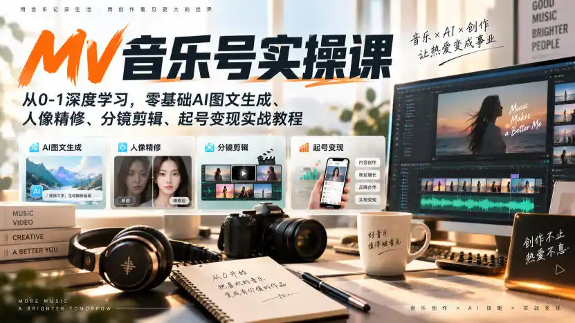 AI MV音乐号实操课，从0-1深度学习，零基础AI图文生成、人像精修、分镜剪辑、起号变现实战教程-北极星资源库